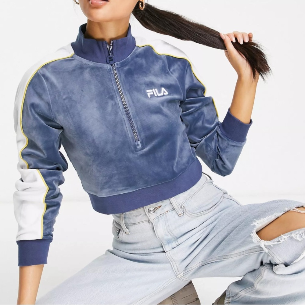 Fila cropped velour half zip sweatsuit top in periwinkle blue.